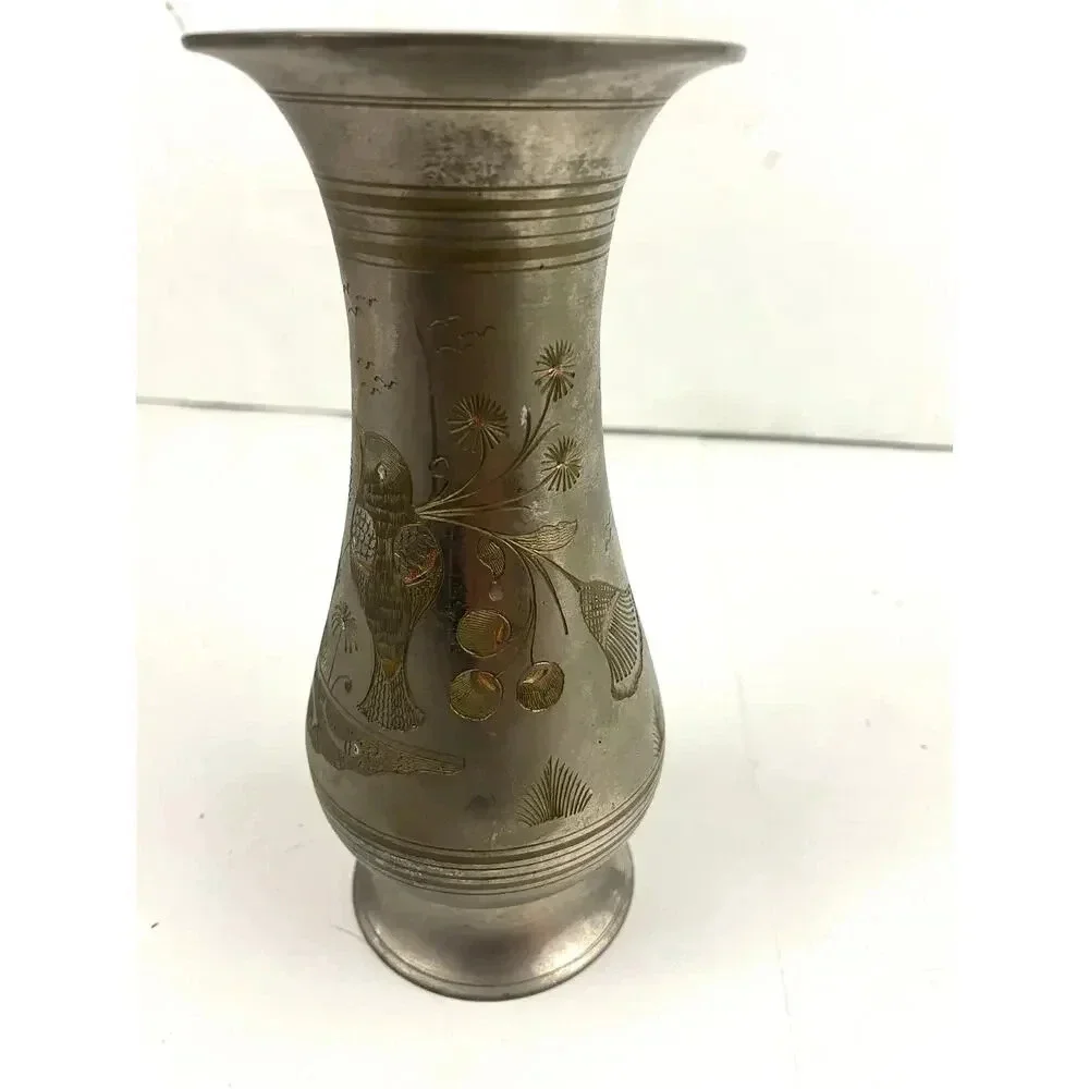 VTG Silver Tone Metal Middle Eastern Vase With Etching 8